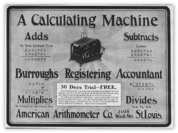 Advertisement for the Burroughs Adding Machine Class 1, 1901-1907 Gray card with image of black machine in center; text and mathematical operations around the sides