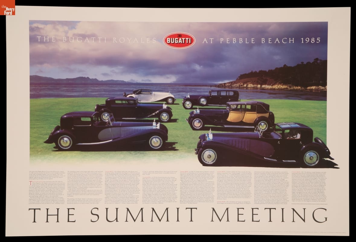 Poster, "The Bugatti Royales at Pebble Beach, 1985, The Summit Meeting" Six long cars on a green lawn in front of a body of water