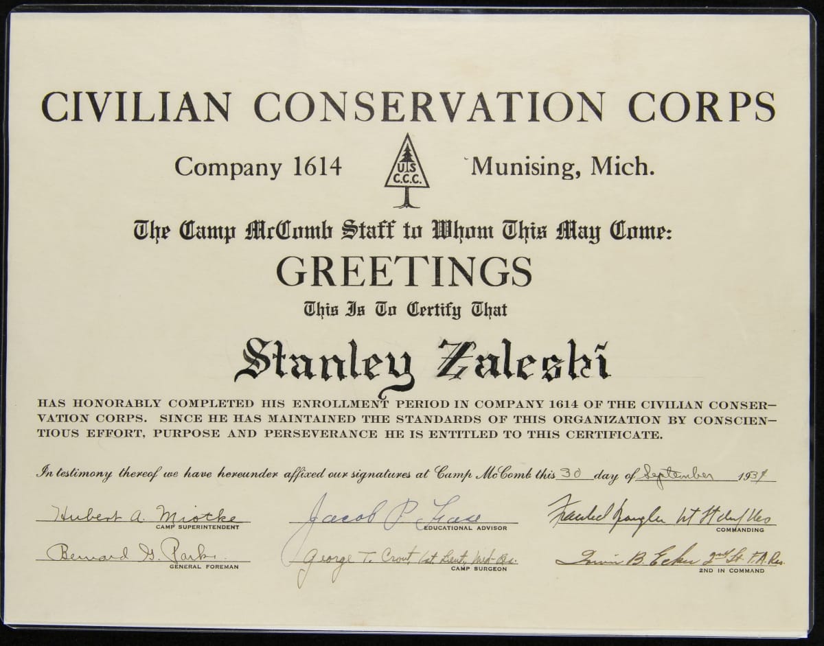 Civilian Conservation Corps Company 1614 Completion Certificate, September 30, 1934 Certificate with printed text and six signatures at bottom