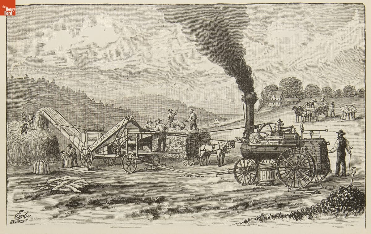 Russell & Co. Trade Catalog, 1886 / page 7 detail Illustration of a steam engine hooked up to agricultural equipment that is outputting a large pile of hay as many people work in the vicinity
