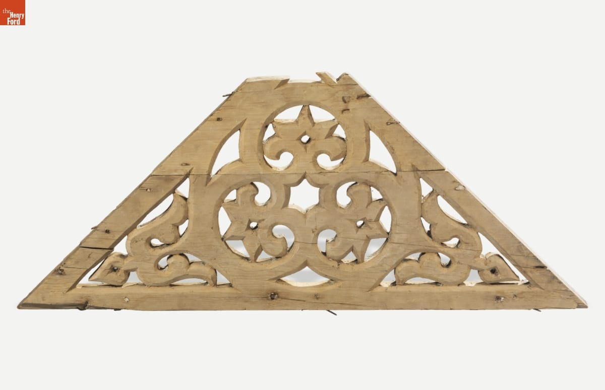 Ornamental Bracket from the Detroit Central Farmers Market, 1860 Triangular wooden bracket with scrolling design