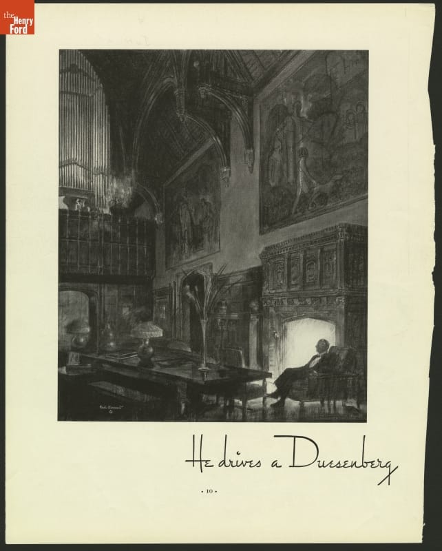Advertisement, "He Drives a Duesenberg," 1935 Etching of man sitting by a fireplace in luxurious vaulted room with text "He drives a Duesenberg"