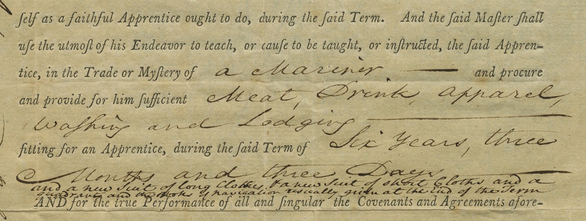 Agreement for John Thomson to be Apprenticed to Shipmaster Robert Emery for Six Years, September 11, 1794 / detail Portion of document with printed and handwritten, cursive text