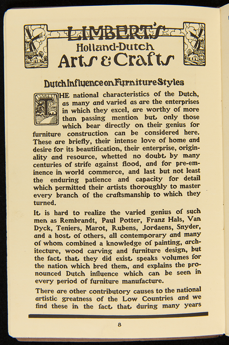 Limberts Holland Dutch Arts and Crafts Furniture, circa 1910 / page 8 Page with text and two small images of windmills