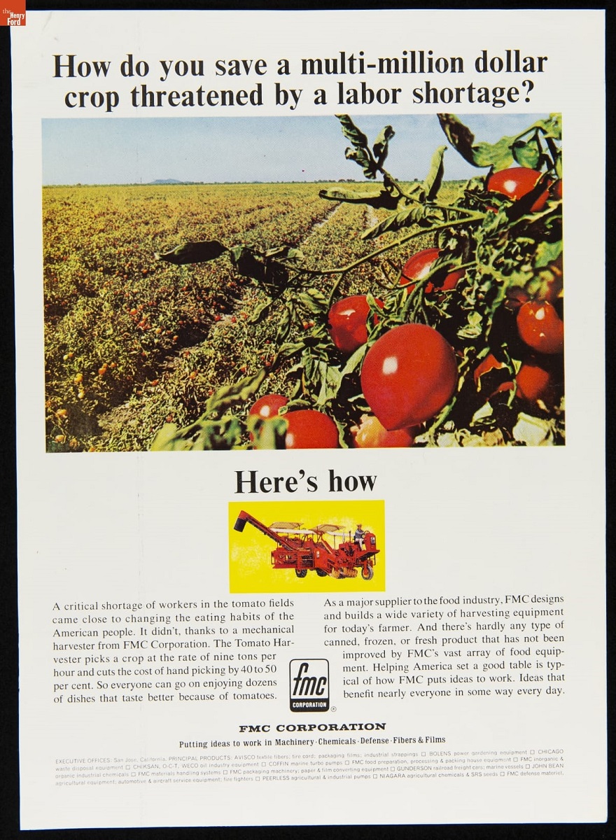 Advertisement for FMC Corporation Tomato Harvester, circa 1966 Page with text, image of tomatoes on tomato plants in field, and small image of piece of farm equipment