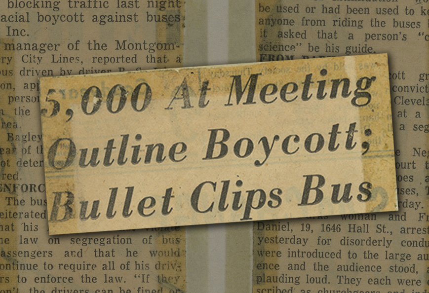 Newspaper headline enlarged over background of yellowed newspaper article text