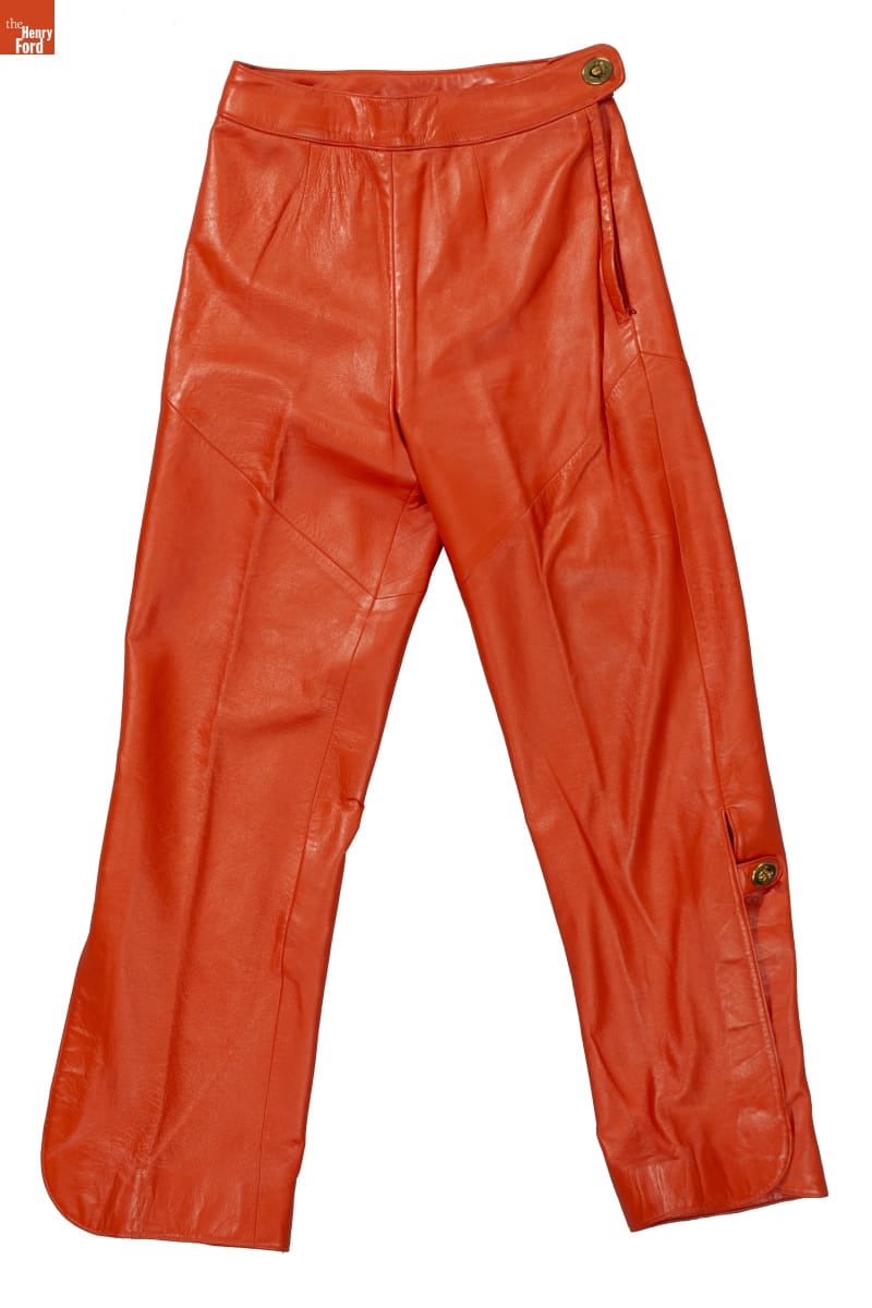 Pants, Designed by Bonnie Cashin, 1965-1972 Burnt-orange leather pants with button at side of waist and also at side of knee