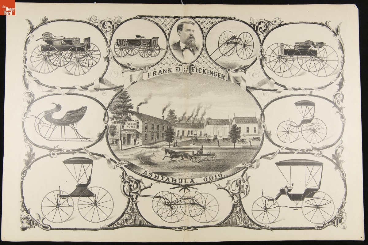 Frank D. Fickinger, Ashtabula, Ohio, Manufacturer of Carriages, Wagons, Harness, circa 1875 Page with text and images of a number of types of wheeled carriages (and one sleigh)