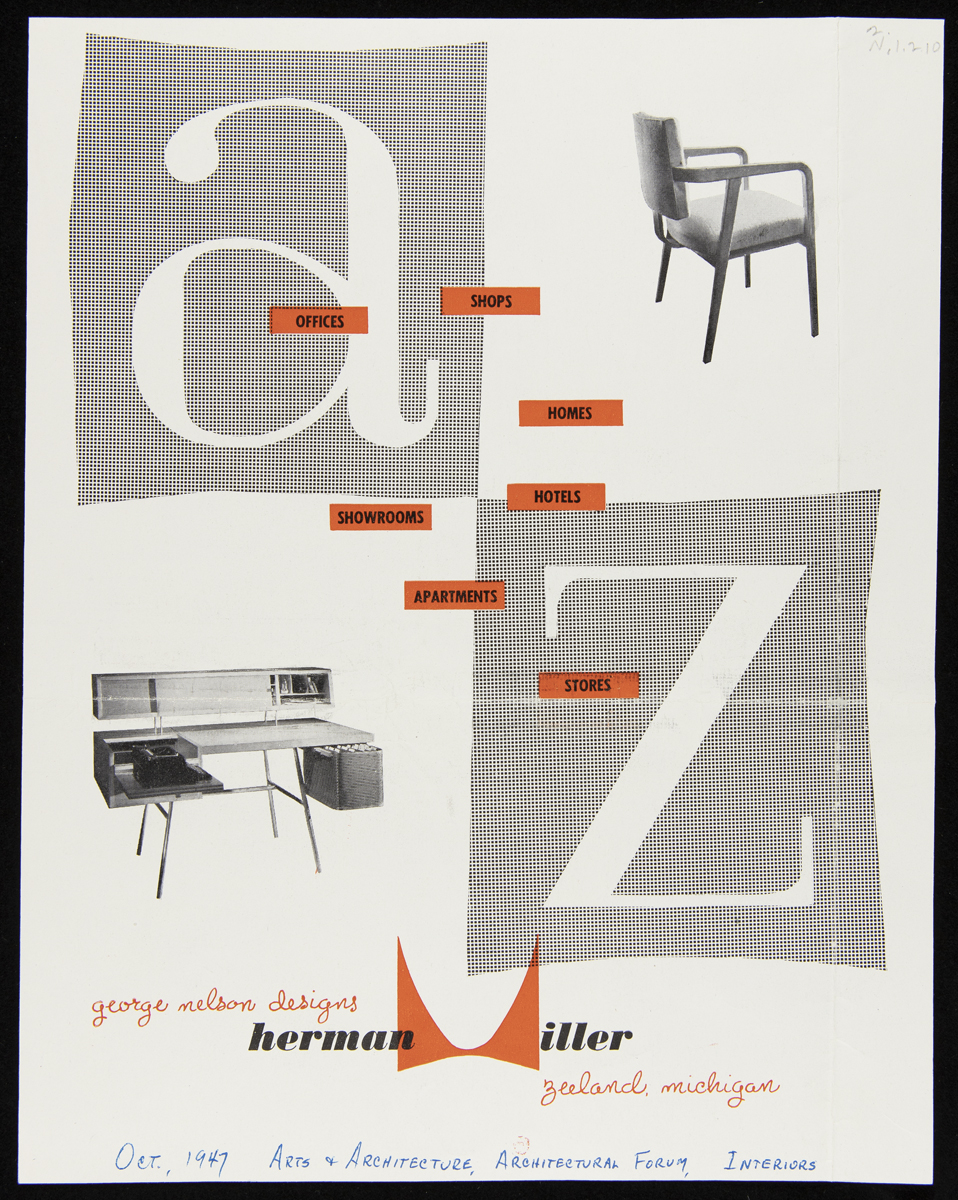 Advertisement for Herman Miller Furniture Company, "George Nelson Designs," October 1947 Page with large "a" and "z," photos of desk and chair, and text
