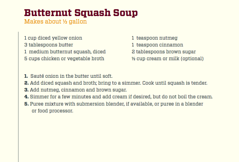 The Henry Ford's Butternut Squash Soup Recipe recipe card containing text