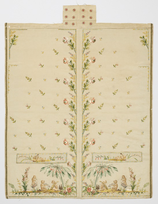 Waistcoat, Uncut (France) Rectangular fabric panel with smaller rectangular extension at top; has floral pattern most elaborate at center and bottom