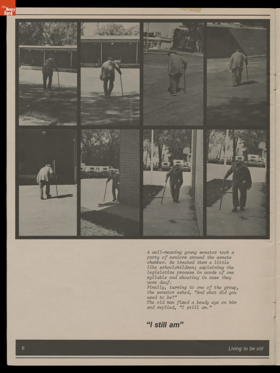 Notal Program, 1979 / page 6 Black-and-white page with text and 8 images of bent-over person using a cane