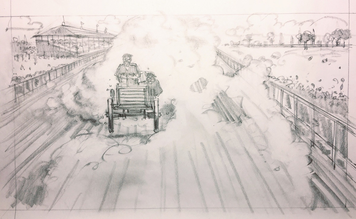 Glenn Barr sketch of Sweepstakes on track Sketch of car on track with fences on either side, grandstands in background, clouds of smoke rising from it