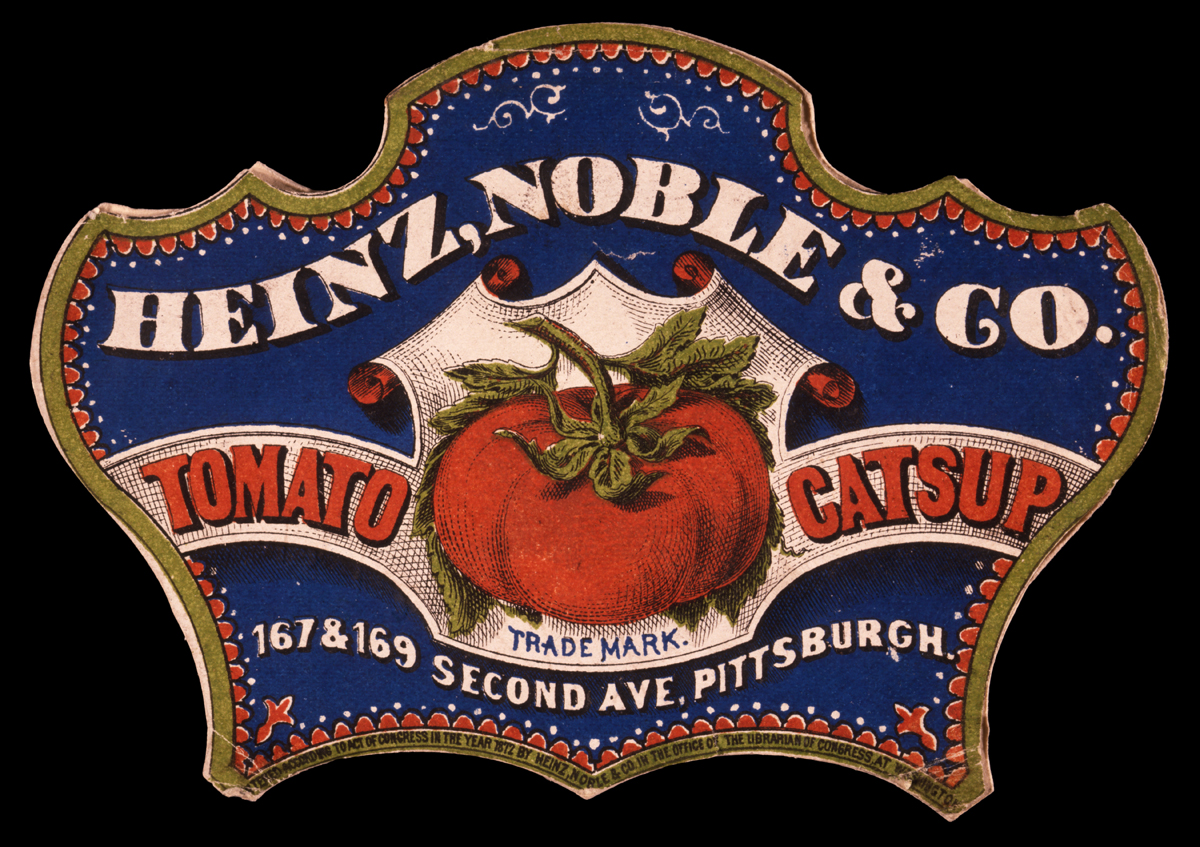 Product Label for Tomato Catsup by Heinz, Noble & Co., 1872-1873 Fancy-shaped blue, gold, red, and white label with a picture of a tomato and text
