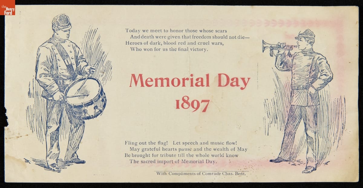 Program, "Memorial Day Exercises by the Alpheus Clark Post 118 of the Grand Army of the Republic," May 29, 1897 Card with text, and two images of soldiers, one playing a bugle and the other a drum