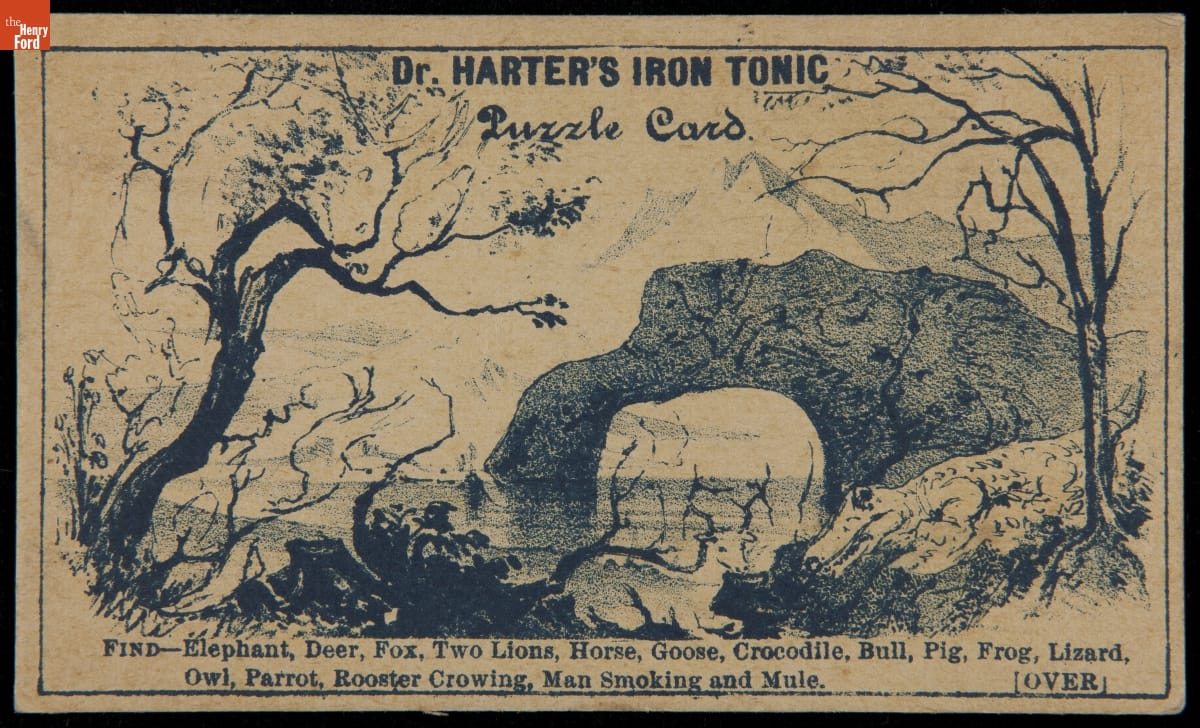 Trade Card for Dr. Harter's Iron Tonic, 1875-1890 Drawing of a landscape with animal figures "hidden" in the landscape; also contains text