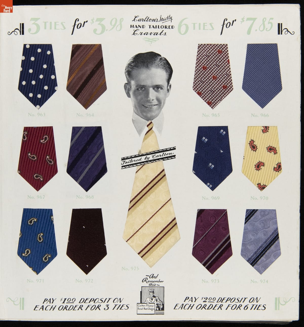 Carlton Mills, Inc. Sales Catalog for Men's Fashion, 1940-1950 Black-and-white photograph of man’s head and collar in middle of page with an oversized yellow striped necktie extending below; additional tie colors and patterns in shapes that look like the bottom of neckties on either side of middle illustration with numbers under each; text at top and bottom of page