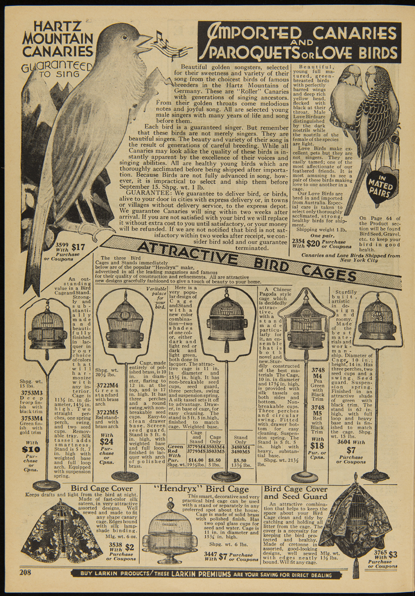 Larkin Company Trade Catalog, "The World's Greatest Premium Values, Larkin Co. Inc.," Fall and Winter 1930 Text and images of birds and birdcages