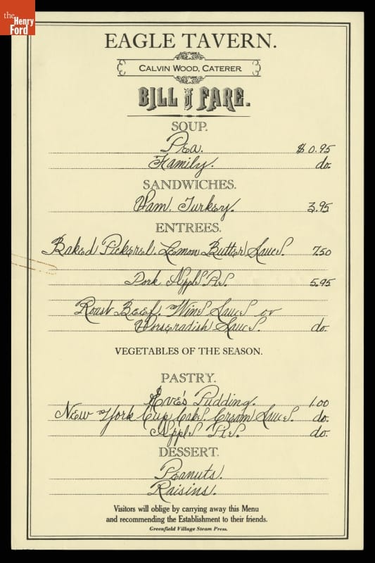Menu from Eagle Tavern, Greenfield Village, 1982, "Bill of Fare" Menu with some printed and some hand-written text