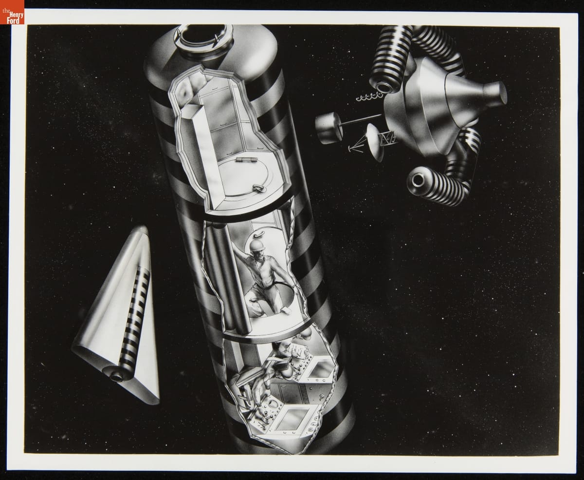Space Station Concept by Aeronutronic Division of Ford Motor Company, September 19, 1960 Space stations/vehicles, including one capsule-shaped with "breakaway" to show interior with rooms and person, one smaller and triangular, and one top-shaped with tubing around it