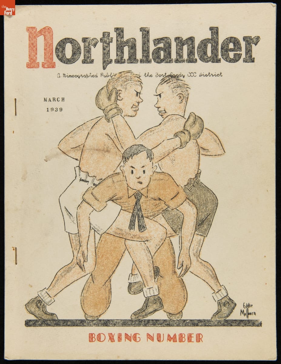 The Northlander: A Mimeographed Publication of the Fort Brady CCC District, March 1939 / front cover Page with text and drawing of two men boxing with one man in uniform wedged between them