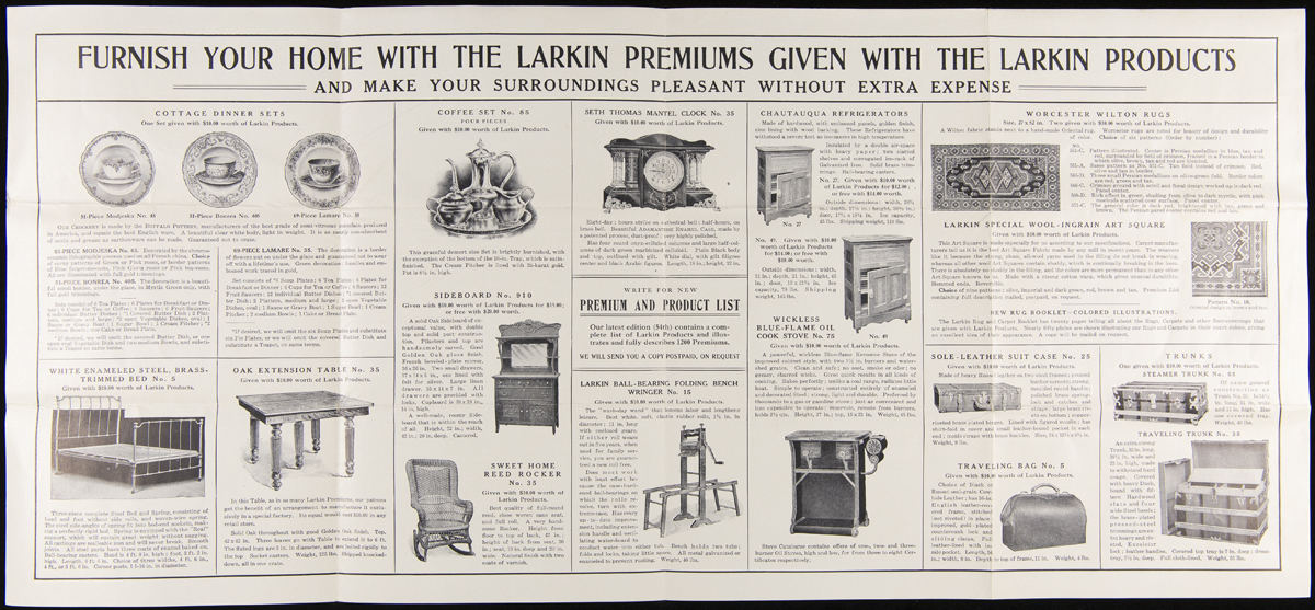 Larkin Company Trade Catalog, "A Practical Plan of Saving: The Larkin Idea of Factory-To-Family Dealing," circa 1906 Images of a number of household items and text