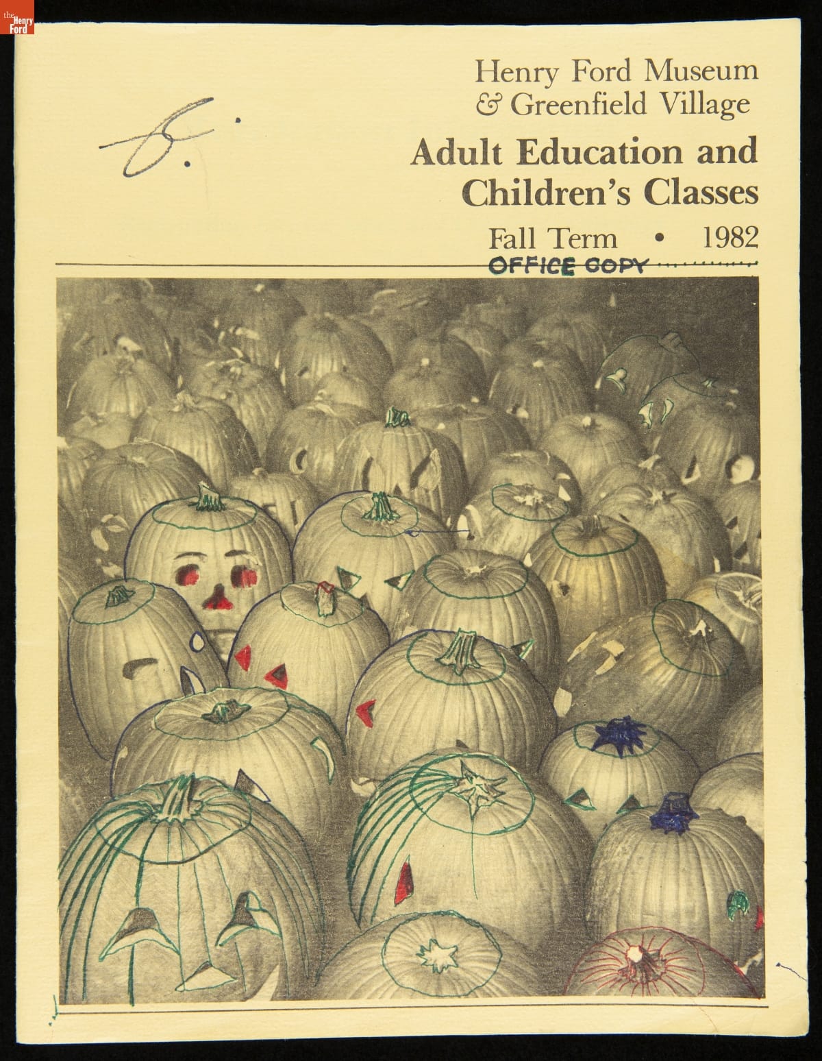 Adult Education and Children's Classes, Henry Ford Museum & Greenfield Village, Fall Term 1982 / front Black and white catalog cover with jack-o-lanterns, some of which have been doodled on