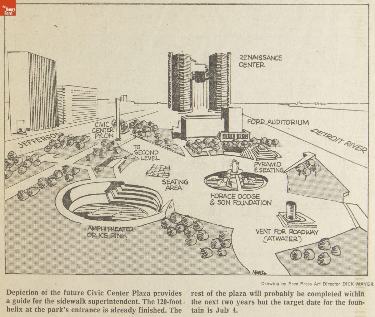 Detroit Free Press Article, "Park, Fountain To Rise at River," March 16, 1976 / photo 2 detail Rendering of urban park by river and buildings, with features such as amphitheater and fountain labeled