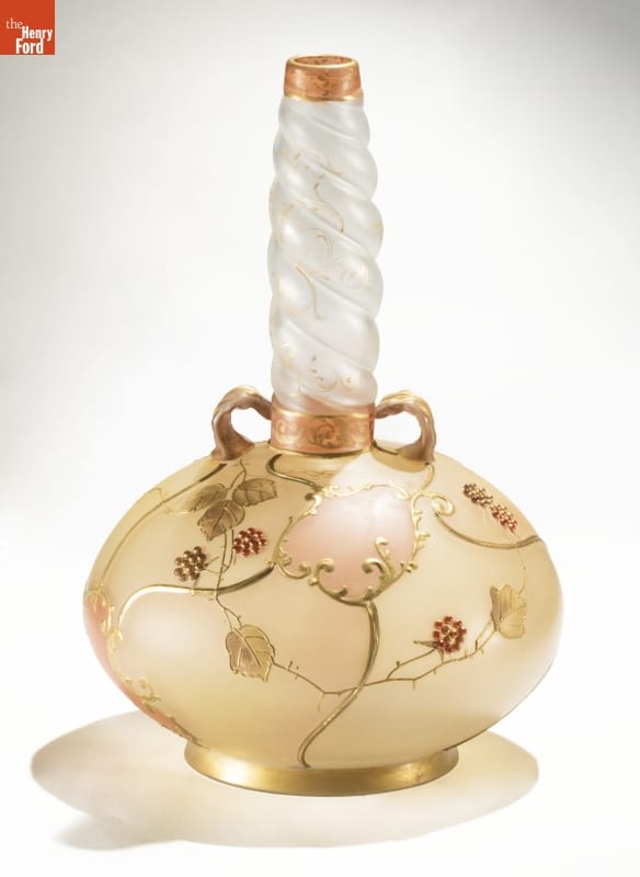 Royal Flemish Vase, circa 1890 Glass vase with gold body with floral pattern and twisted white neck