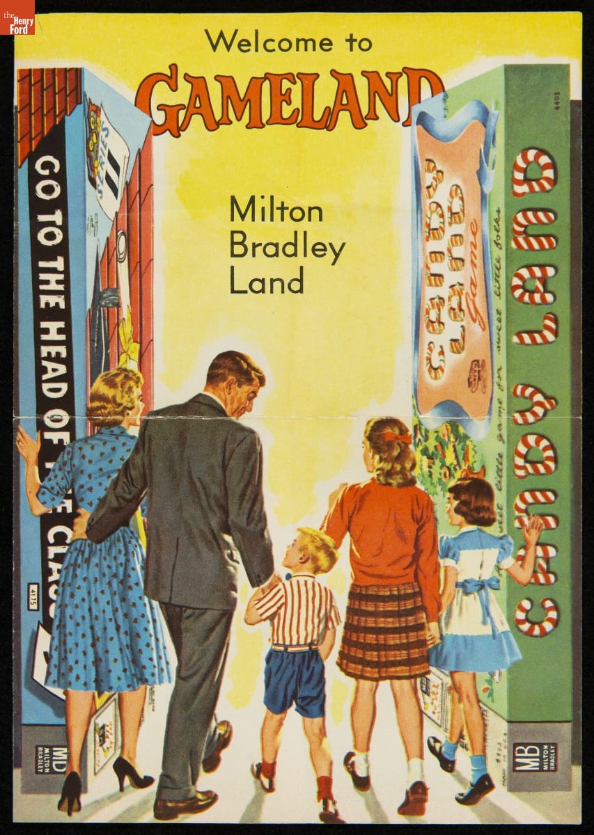 Milton Bradley Company Catalog, "Welcome to Gameland," 1964 Yellow page with text and image of family walking through "doors" made of two giant board game boxes turned on end