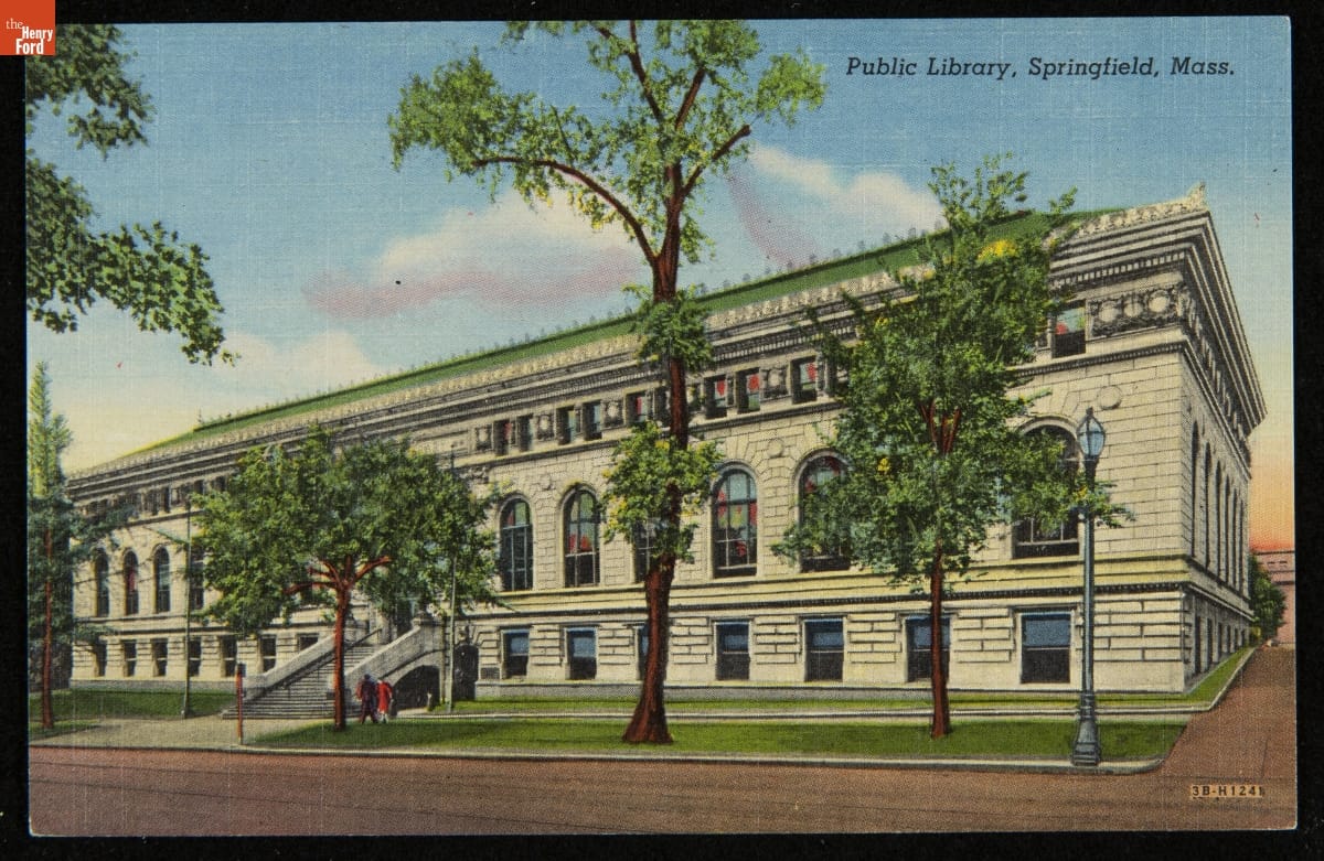 Postcard, "Public Library, Springfield, Mass.," 1943 Postcard depicting the front street view of the public library in Springfield, Massachusetts in 1943
