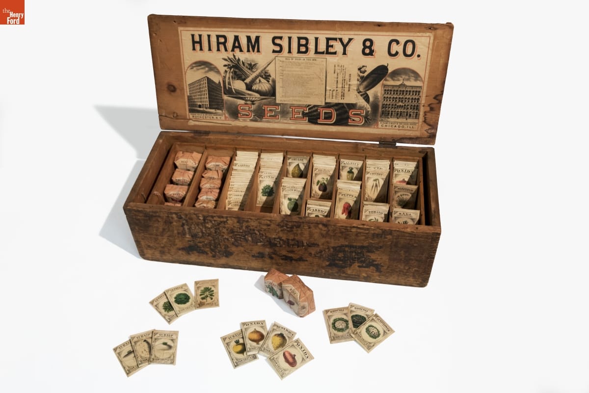 Hiram Sibley & Co. Seed Box, Used in the C.W. Barnes Store, 1882-1888 Open wooden box with graphics, images, and text on underside of lid; contains seed packets, with other seed packets arranged outside the box