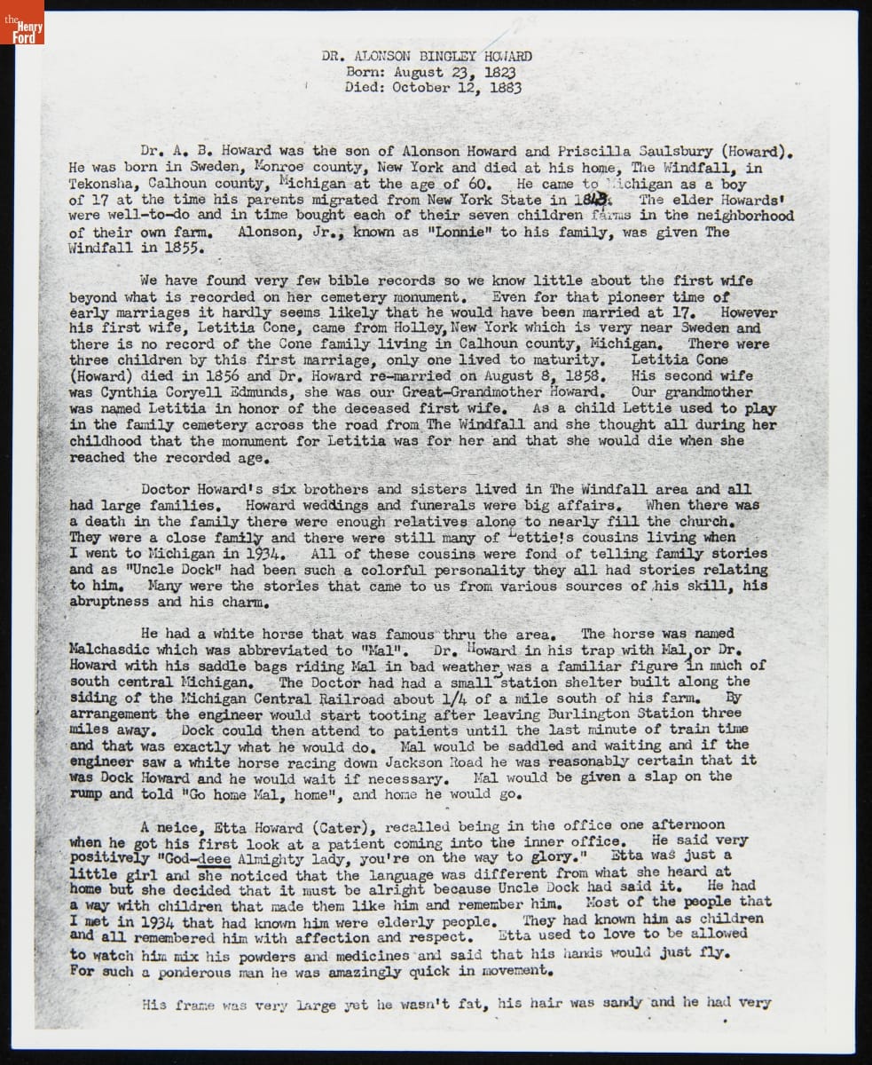 Biography of Dr. Alonson B. Howard, May 25, 1962 / page 1 front Typewritten page of text