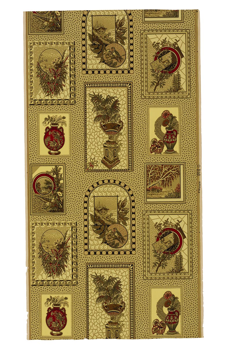Wallpaper Sample, 1880-1890 Rectangular piece of wallpaper with small windows containing images of urns and vases filled with plants or flowers and other decorative elements in a largely gold and red color scheme