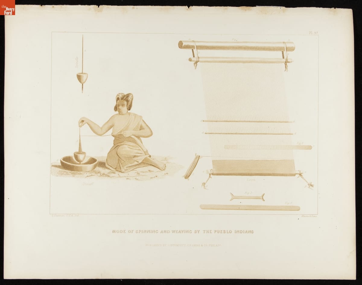 Mode of Spinning and Weaving by the Pueblo Indians, 1857 Page with text and images of woman working with some kind of tools and fabric weaving in progress