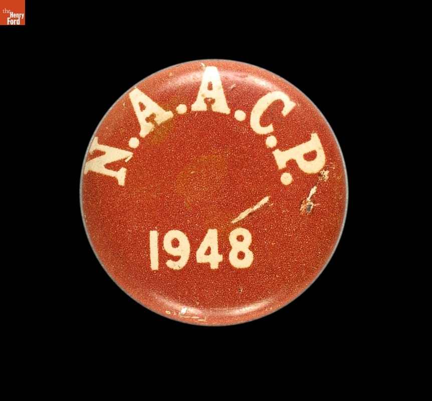 Button, National Association for the Advancement of Colored People, 1948 Round red button on black background with text "N.A.A.C.P 1948"