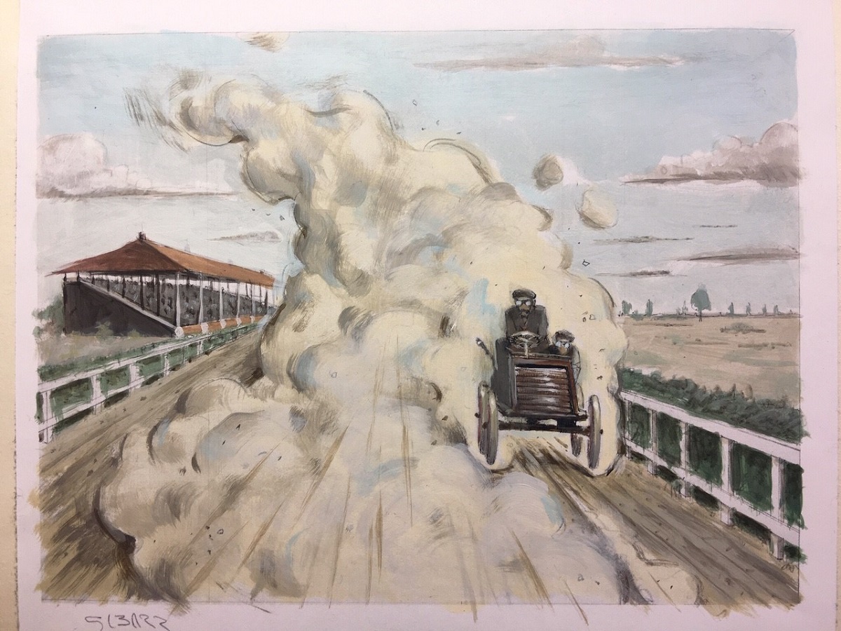 Glenn Barr painting of Sweepstakes Car on dirt track with clouds of smoke behind it, fences on both sides of track and grandstands in the background