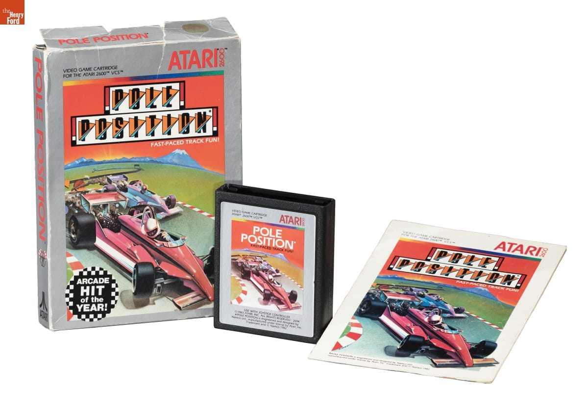 Atari Video Game, "Pole Position," 1983 Box, cartridge, and booklet for "Pole Position" video game, with text and image of race cars on all