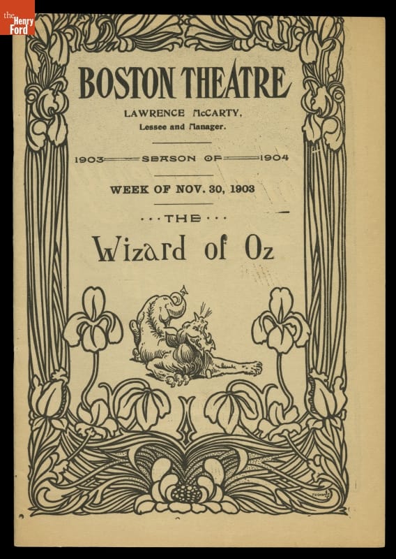 Theater Program, "The Wizard of Oz," Boston Theatre, Boston, Massachusetts, 1903 Program cover with text, image of lion, floral border