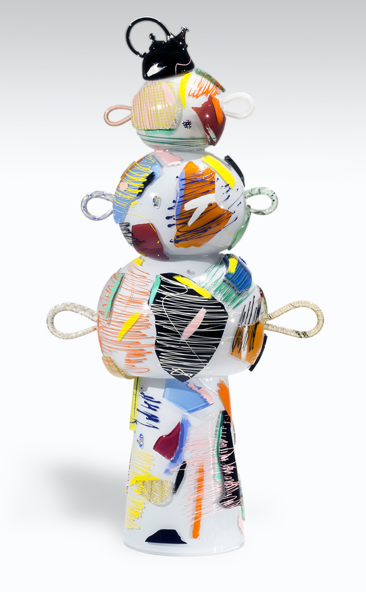 "Bubble Boy" by Richard Marquis 1988 Multicolored artwork with a base topped by three progressively narrower spheres/ovals with a protruding loop on each side, with a teapot-shaped crown on top