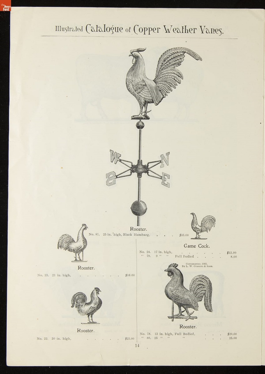 Catalogue of Weather Vanes Manufactured by L.W. Cushing and Sons, 1883 / page 13 Several drawings of weathervanes featuring different roosters; also contains text