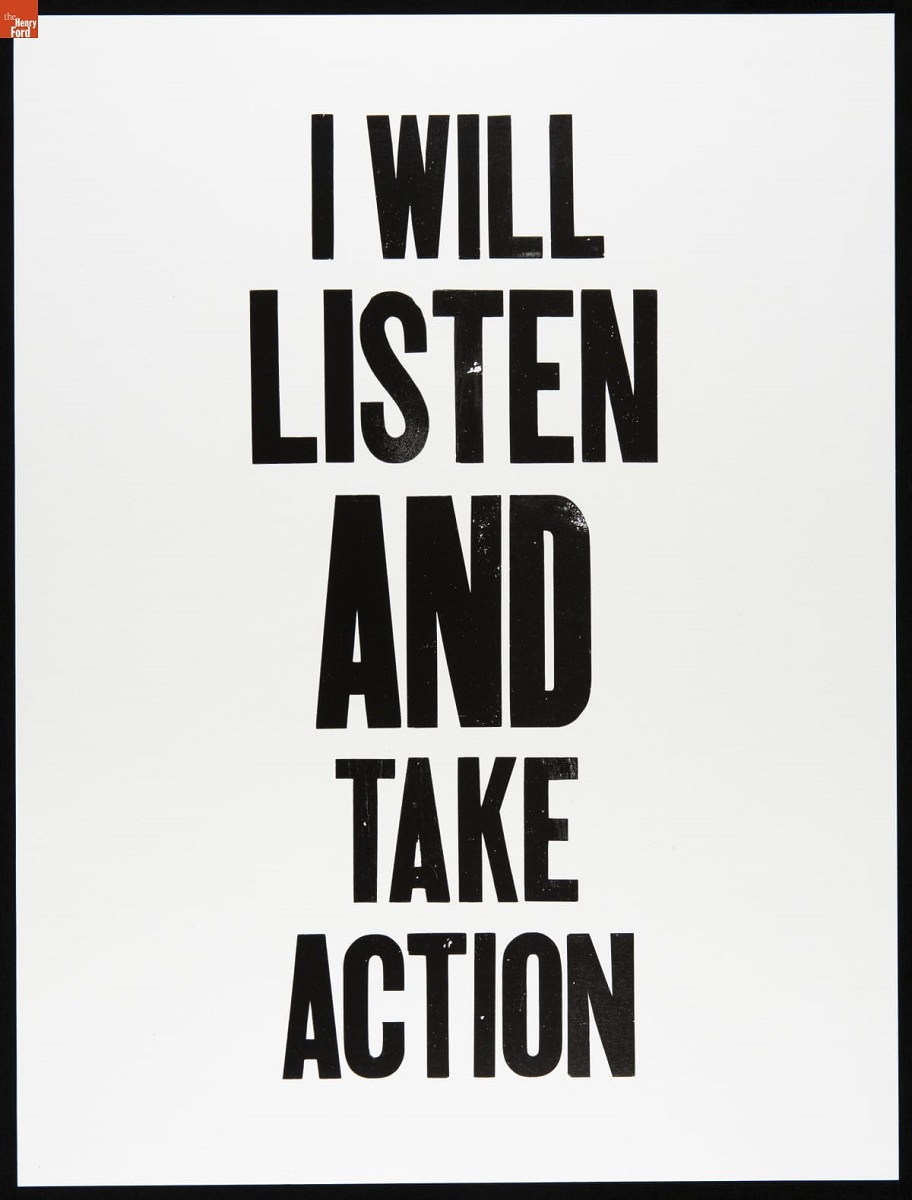 Protest Poster, "I Will Listen and Take Action," 2020 Page with large printed text "I WILL LISTEN AND TAKE ACTION"