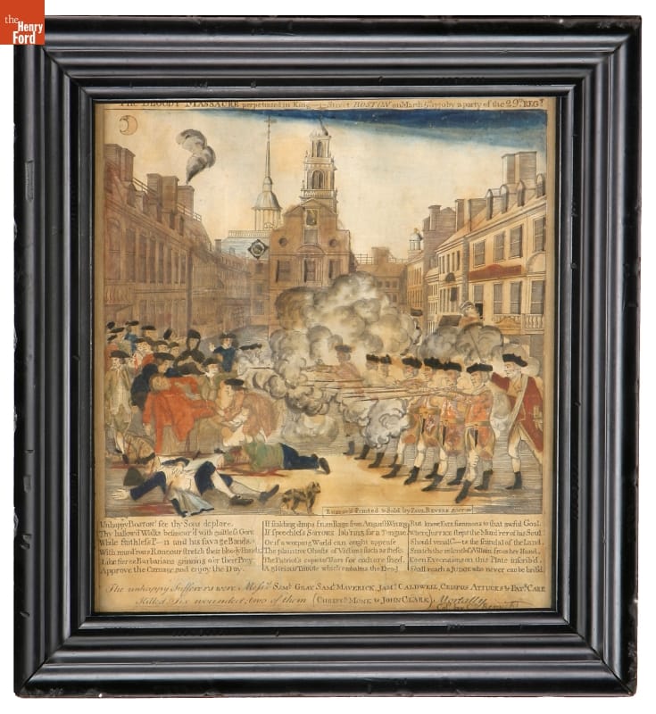 Framed color print showing a group of soldiers firing on people in a city square or street