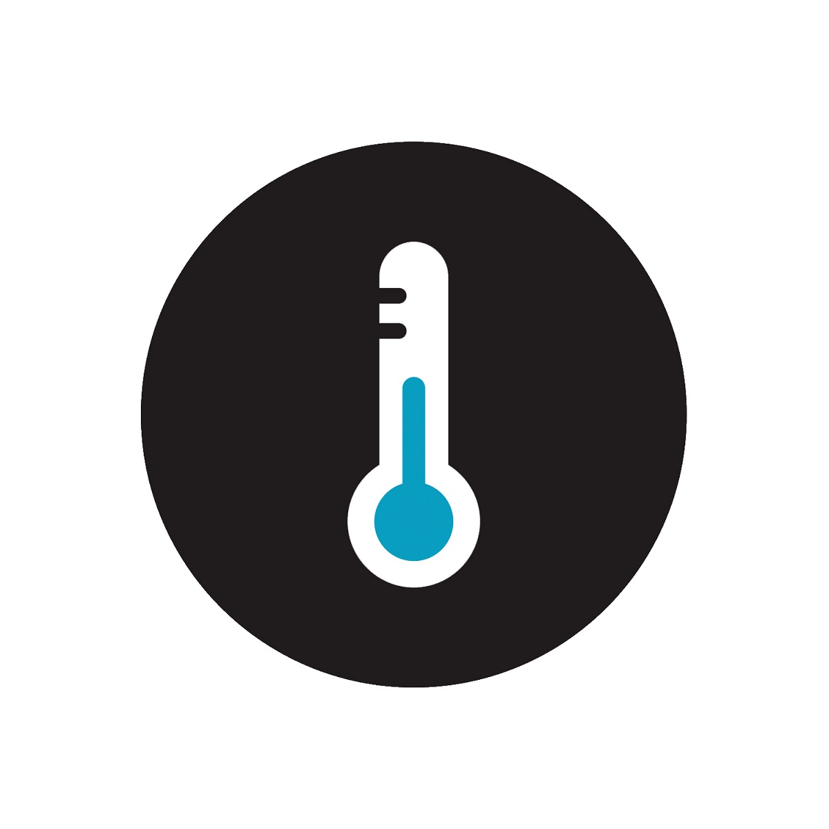 Temperature varies wildly in space Circular graphic with white and blue thermometer on black background