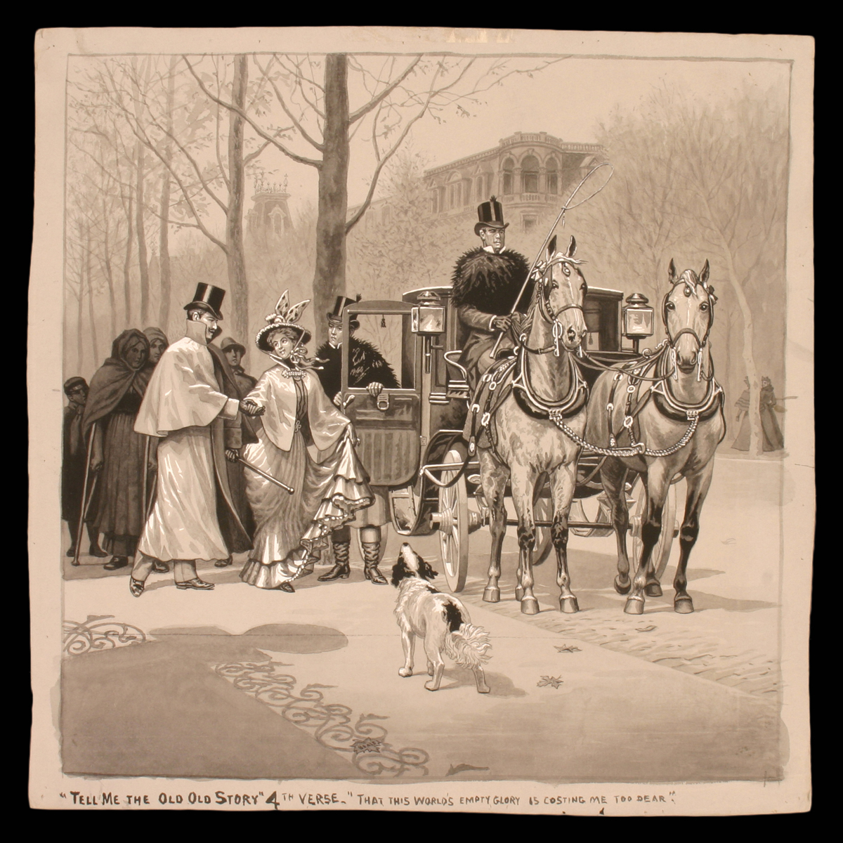 "That This World's Empty Glory is Costing Me Too Dear," Drawing for the Magic Lantern Slide Series "Tell Me the Old, Old Story," 1899 Well-dressed man and woman walk toward an open carriage door, with other people and a dog nearby