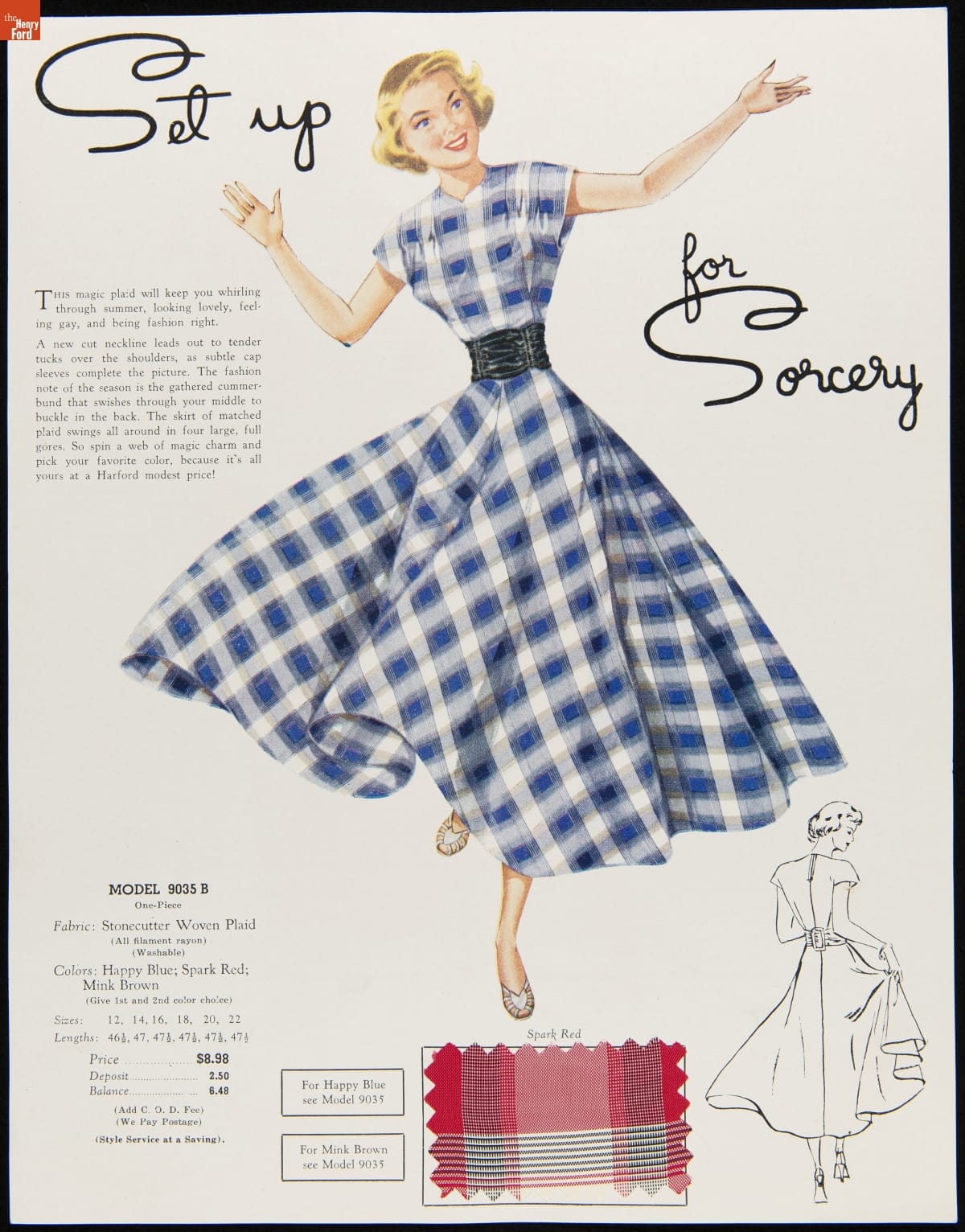 Frocks by Harford Frocks, Inc., Cincinnati, Ohio, 1949 Illustration of blonde-haired woman in blue and white plaid dress and wide black belt; page also contains smaller black-and-white line drawing of back of woman in the same dress, a fabric swatch in a red plaid, and text