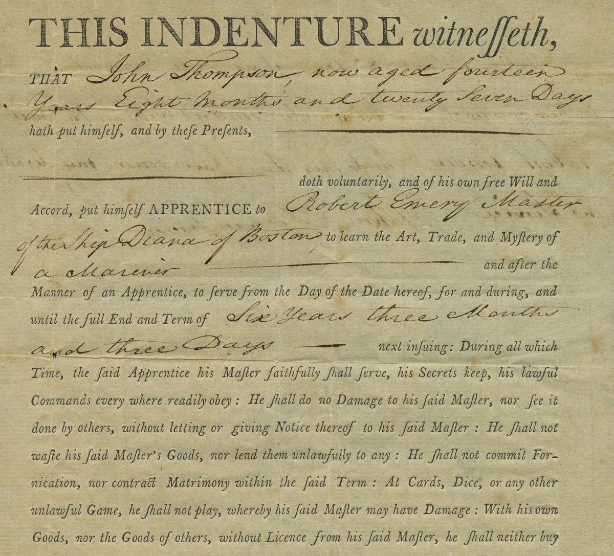 Agreement for John Thomson to be Apprenticed to Shipmaster Robert Emery for Six Years, September 11, 1794 / detail Portion of document with printed and handwritten, cursive text