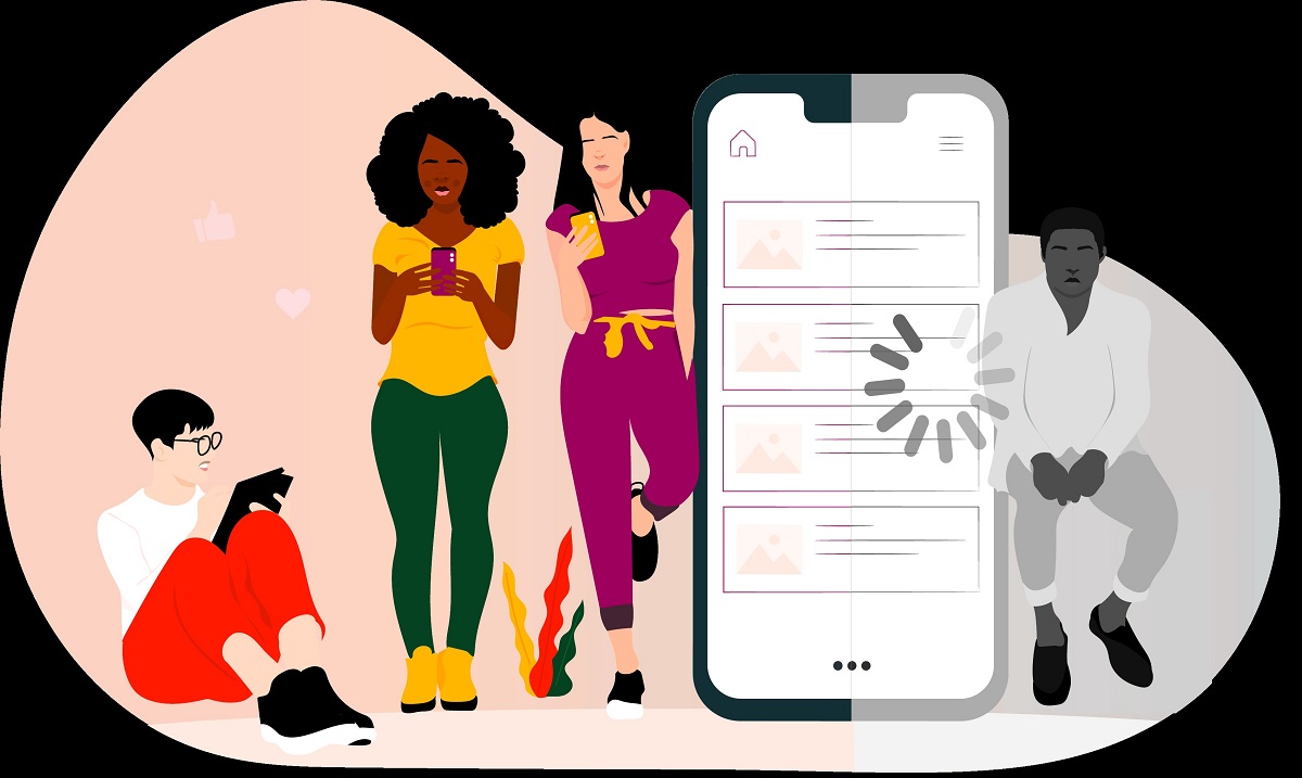 The Digital Divide Three people in full color on one side of a large cellphone use phones and tablets; one person on the other side in black-and-white with an Internet "loading" symbol