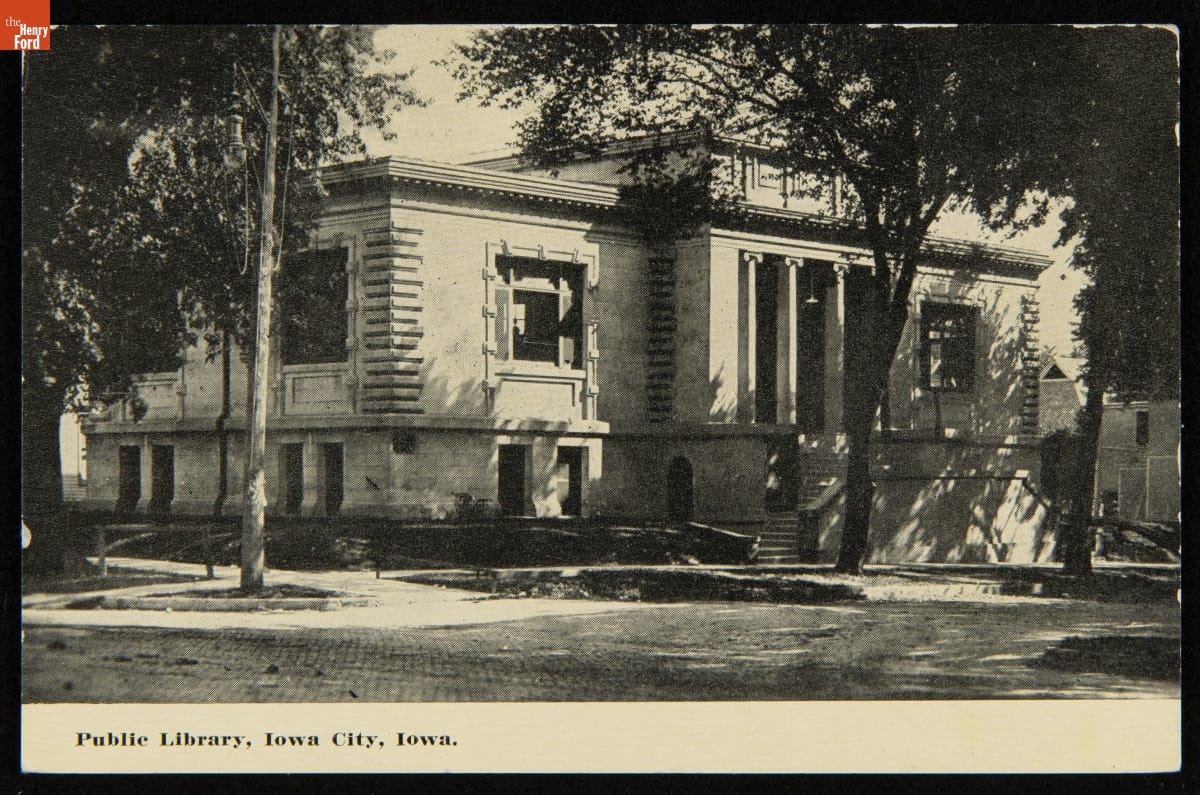 Postcard, "Public Library, Iowa City, Iowa," circa 1904 Postcard photo of the front street view of a public library in Iowa City, Iowa in 1904