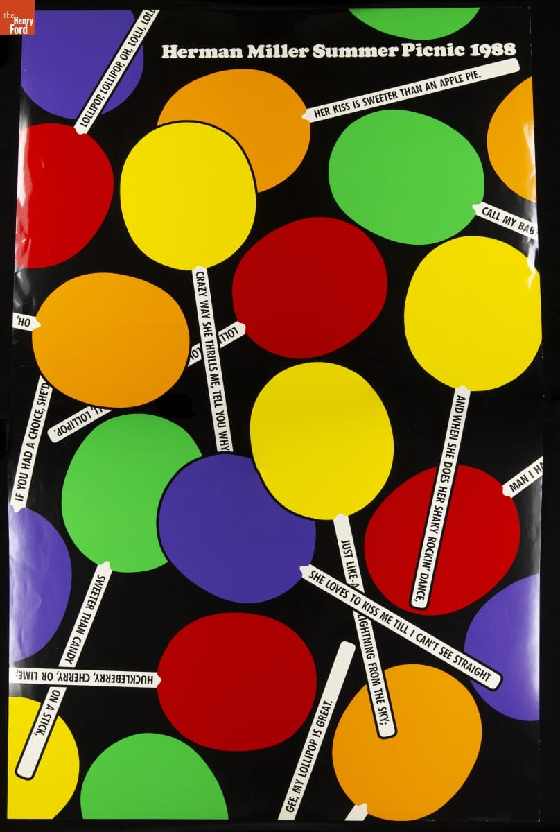 Herman Miller Summer Picnic Poster, "Lollipop," 1988 Graphic poster with stylized lollipops with text on sticks and at top of poster